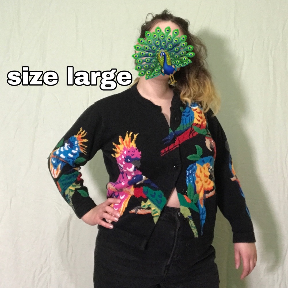 Quacker Factory Funky Cardigan Sweater - Parrots Tropical Birds Cardi